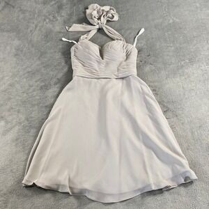 Azazie Chiffon Dress Women Silver Grey Halter Ruched A-Line Formal Wedding Guest